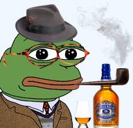 alcohol amphibian bottle chivas_regal closed_mouth clothes collared_shirt drink fair_isle fixed frog glass glssses green_skin lips nas:pepe necktie pepe pepe_the_frog pipe smoke smoking sport_coat suit suit_and_tie sweater tortoise_glasses whiskey // 1241x1202 // 1.2MB