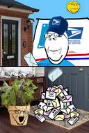 3soyjaks angry bloodshot_eyes cap clothes crying door drawn_background envelope glasses grumman_llv hat house letter_(mail) open_mouth plant postman pot sage_(herb) sky smile stretched_mouth stubble subvariant:wholesome_soyjak sun truck united_states_postal_service variant:gapejak variant:soyak yellow_skin // 1080x1620 // 509.3KB