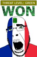 ahegao country emerald flag flag:france france gem glasses green green_eyes hair looking_up open_mouth schlog_color_event soyjak soyjak_blog stubble teeth text threat_level_green variant:cobson won // 721x1115 // 138.4KB