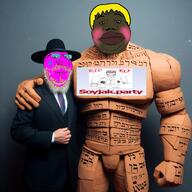 3soyjaks arch_linux beard blush brown_skin clothes doctor dr_soyberg full_body golem hebrew_text jewish_nose jews judaism lips looking_at_you nate nigger nose nusoi pink_skin quote quote_(user) smile soyjak_party subvariant:hunky_twink_sex_machine teeth text tinted_glasses variant:a24_slowburn_soyjak variant:alicia variant:gapejak wrinkles yellow_hair // 1024x1024 // 1.1MB