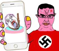 2soyjaks anger_mark angry arm bloodshot_eyes crying ear flag glasses hand hanging holding_object mustache nazism open_mouth phone pink_skin purple_hair rope screen soyjak stubble subvariant:chudjak_front suicide swastika tongue tranny variant:bernd variant:chudjak yellow_teeth // 1000x872 // 393.1KB