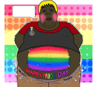 1_year_on_bald_men_with_glasses_website belly black_skin blond blush brown_skin closed_mouth eyebrows eyelashes fat flag:lgbt_pride_flag furry grey_shirt hair lips looking_at_you meta:commissioned_by_dap_chhuon meta:not_oc nate nose obese red_shirt subvariant:hunky_twink_sex_machine text variant:alicia