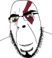 beard eye_bags facial_mark glasses goatee god_of_war kratos looking_at_you meta:NOT_WARRIOR-Z scar smile soyjak stubble subvariant:modern_cobson variant:cobson video_game white_background yellow_eyes // 775x849 // 44.2KB