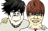 2soyjaks anime british chud_troon_alliance closed_mouth death_note glasses gook hair hand kira_(death_note) lawliet_(death_note) light_yagami_(death_note) looking_at_you smile stubble subvariant:chudjak_front teeth teeth_showing variant:bernd variant:chudjak white_background yagami_light // 834x541 // 259.4KB