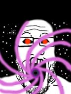 glasses glowing_eyes open_mouth red_eyes soyjak space star stubble variant:markiplier_soyjak vortex // 600x800 // 391.8KB