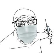 angry arm coronavirus_pandemic glasses hand holding_object holding_syringe mask mouth_mask soyjak stubble surgical_mask syringe vaccine variant:feraljak wrinkles // 1600x1500 // 488.2KB