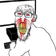 angry arm blood bloodshot_eyes clenched_teeth computer cracked_teeth ear glasses hand keyboard mustache nosebleed pc rage red_eyes screen series:fusionjaks soyjak stubble subvariant:feralrage template typing variant:feraljak variant:zoomer_on_computer vein yellow_teeth // 696x701 // 19.4KB