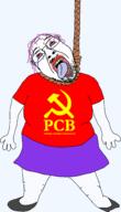PCB ack arm bloodshot_eyes brazil brazilian_communist_party clothes crying dead flag full_body glasses hair hand hanging leg mustache open_mouth politics purple_hair rope shoe skirt soyjak stick stubble suicide template tongue tranny tshirt variant:bernd yellow_teeth // 1375x2392 // 374.8KB