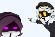 clothes coat hair hat looking_at_you murder_drones n_(murder_drones) not_a_FUCKING_SOYJAK open_mouth pointing purple_eyes robot soy_parody uzi variant:two_pointing_soyjaks yellow_eyes // 609x410 // 131.7KB