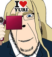 anime blond blue_eyes camera clothes glasses hair holding_camera i_love k_on kotobuki_tsumugi smile soyjak stubble text variant:cobson white_skin yellow_hair yuri // 1170x1281 // 246.1KB