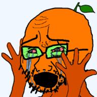 crying froot glasses leaf open_mouth orange_skin soyjak stubble variant:cryboy_soyjak // 1063x1063 // 117.9KB