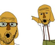 2soyjaks animal arm clothes dog ear glasses hand janny mustache open_mouth pointing soyjak stubble suspenders template variant:two_pointing_soyjaks yellow_skin // 680x552 // 10.2KB