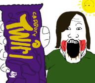 arm clothes hair hand long_hair meta:tagme mouth open rosy_cheeks soyjak text twirl variant:gapejak variant:wojak // 1080x942 // 105.9KB