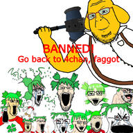 4chan anime ban bloodshot_eyes closed_mouth clothes crazed crying dog full_body glasses green_hair hair hammer hand hands_up holding_hammer holding_object janny large_eyes multiple_soyjaks mustache open_mouth smile soyjak stretched_mouth stubble subvariant:cryboy_et subvariant:soyak_(crazed) subvariant:wewjak suspenders tongue variant:a24_slowburn_soyjak variant:cryboy_soyjak variant:et variant:gapejak variant:markiplier_soyjak variant:shotjak variant:snoojak variant:soyak white_skin yotsoyba // 1000x1000 // 867.0KB