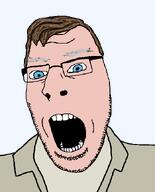 blue_eyes brown_hair buttoned_shirt clothes garry_(the_thing) glasses grey_hair movie open_mouth soyjak stubble subvariant:nucob the_thing transparent_background variant:cobson white_skin // 541x671 // 17.2KB