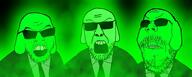 3soyjaks central_intelligence_agency clothes dog ear frown glasses glowie glowing green_skin janny mustache necktie open_mouth soyjak stubble suit sunglasses variant:feraljak variant:feraljak_front variant:gapejak // 2490x1000 // 270.5KB