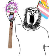 2soyjaks ack arm beard blood bloodshot_eyes blush clothes crying fire flag glasses hair hand hands_up holding_object holding_severed_head impaled makeup mustache open_mouth purple_hair rope severed_head soyjak stake stubble suicide tongue tranny transgender_flag tshirt variant:bernd variant:ignatius yellow_teeth // 656x748 // 210.5KB