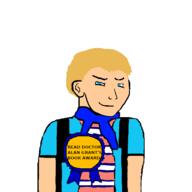award backpack bandana blond blue_eyes blue_jacket child clothes ear eyebrows fair_skin jurassic_park ms_paint oekaki pale_skin smirk smug striped_clothing striped_shirt text variant:soyak // 600x600 // 39.8KB