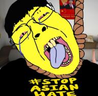 asian bloodshot_eyes clothes crying glasses hair hanging irl_background open_mouth rope small_eyes soyjak suicide tongue variant:bernd yellow yellow_skin yellow_teeth // 726x711 // 492.4KB