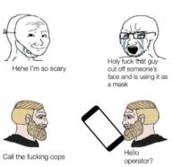 bloodshot_eyes chad crying glasses mask mustache nordic_chad open_mouth phone police soyjak soyjak_comic stubble text variant:soyak wojak // 680x659 // 293.7KB