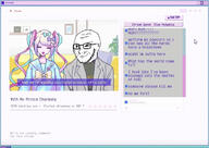 anime blue_hair bowtie chat closed_mouth clothes female glasses hair needy_streamer_overload pink_hair smile smug soyjak stream stubble suit text tshirt variant:soyak video_game // 890x630 // 303.7KB