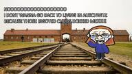 auschwitz chud crying dox ear full_body glasses illymation irl_background judaism kike meta:tagme open_mouth soyjak text tongue variant:rupturejak // 1920x1080 // 2.1MB