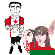 2soyjaks ack anhero belarus blood blue_eyes brain brown_hair buff canada chud countrywar dark_hair egirl flag flag:belarus flag:canada gore gun gunshot peace_sign subvariant:unbotheredchud suicide ugly variant:bernd variant:chudjak // 3464x3464 // 1.1MB