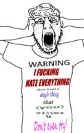 angry arm clothes freckles full_body glasses hand insane open_mouth soyjak stubble text tshirt variant:tewi vein // 357x563 // 43.0KB