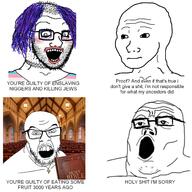 3soyjaks angry balding bible catholic catholicism christianity church clothes crazed cross double_standarts flag glasses hair irl_background looking_down makeup mustache necklace open_mouth purple_hair soyjak stubble subvariant:crazed_troonjak subvariant:soyak_(crazed) text tranny variant:feraljak variant:soyak variant:tony_soprano_soyjak wojak you_will // 1500x1500 // 361.9KB