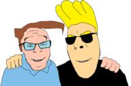 2soyjaks brown_hair carl_chryniszzswics cartoon cartoon_network closed_mouth clothes glasses hair hand hugging johnny_bravo no_more_brother_wars smile soyjak stubble sunglasses variant:cobson variant:feraljak white_skin yellow_hair // 2104x1378 // 166.4KB