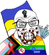 aids angry arm black_lives_matter clenched_teeth closed_mouth coathanger coprophagia country ear fist flag flag:progress_pride_flag flag:ukraine glasses heart i_love looking_at_you monkeypox mustache pedophile poop pride_flag progress_pride_flag raised_fist_(symbol) ribbon soyjak stubble syringe teeth text ukraine vaccine variant:feraljak // 3656x4096 // 4.1MB