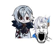 :3 animated anime arlecchino beheaded blood chibi clothes dead death dismembered female genshin_impact glasses hair neuvillette open_mouth scythe stubble teeth variant:markiplier_soyjak weapon // 948x825 // 2.0MB