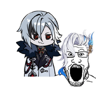 :3 animated anime arlecchino beheaded blood chibi clothes dead death dismembered female genshin_impact glasses hair neuvillette open_mouth scythe stubble teeth variant:markiplier_soyjak weapon // 948x825 // 2.0MB