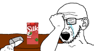 arm closed_eyes crying cup ear glasses hand idiom open_mouth soy_milk soyjak spilled spilled_milk stubble subvariant:wholesome_soyjak table transparent_background variant:gapejak variant:soyak // 1458x794 // 138.5KB