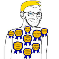 arm aryan badge blue_eyes closed_mouth cuck ear glasses multiple_awards smile smug soyjak stubble subvariant:soyak_(smug) variant:soyak white_background white_skin yellow_hair // 1125x1125 // 252.4KB