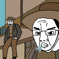 animated brainlet clothes cowboy cowboy_hat gun horse meta:not_oc nas:wojak nas:yes_chad spit subvariant:pol_face variant:chudjak variant:feraljak video western // 1080x1080, 5.5s // 518.6KB