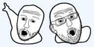 2soyjaks animated arm ear glasses hand headbanging open_mouth pointing soyjak stubble variant:two_pointing_soyjaks // 651x326 // 98.9KB