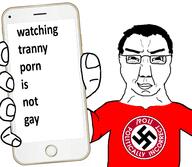 arm clothes glasses hair hand holding_object holding_phone iphone nazism phone pol_(4chan) porn smile soyjak subvariant:chuddy swastika text tranny tshirt variant:chudjak // 2160x1884 // 1.1MB