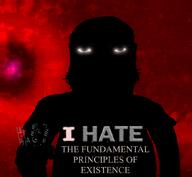 angry arm beard black_skin closed_mouth clothes glasses glowing_eyes i_hate letters mathematics punisher_face red_background soyjak subvariant:science_lover text tshirt variant:markiplier_soyjak words // 1017x935 // 555.5KB