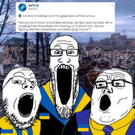 3soyjaks clothes flag glasses harry_potter necktie open_mouth russo_ukrainian_war soyjak soyjak_trio star_wars stretched_mouth stubble ukraine variant:gapejak variant:markiplier_soyjak variant:tony_soprano_soyjak // 800x800 // 103.1KB