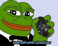 amphibian background blue_background blue_text closed_mouth clothes coal frog holding_coal holding_object meta:not_oc nas:pepe pepe pepe_the_frog smile suit text // 750x588 // 98.5KB amphibian background blue_background blue_text closed_mouth clothes coal frog holding_coal holding_object meta:not_oc nas:pepe pepe pepe_the_frog smile suit text // 750x588 // 98.5KB
