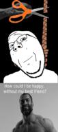 buff closed_mouth crying gigachad glasses hand holding_object irl rope scissors smile soyjak stubble subvariant:wholesome_soyjak suicide text variant:gapejak // 794x1803 // 492.6KB