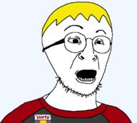 alternate badge clothes glasses hair nate open_mouth soyjak soyjak_party stubble variant:turtlejak yellow_hair // 794x717 // 22.2KB