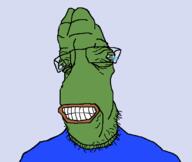 animated clothes frog glasses green_skin laughing lips no_nose oh_my_god_she_is_so_attractive pepe soyjak stubble tear teeth variant:parrotjak // 682x576 // 17.6KB