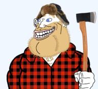 axe beard blue_eyes buffalo_plaid canada chest_hair cleft_chin clothes collared_shirt ear eyebrows fist fixed flannel fur_trapper_hat hat head holding_object lips open_mouth plaid smile subvariant:canaryan subvariant:canuckmutt subvariant:impish_amerimutt teeth trend:aryan variant:impish_soyak_ears variant:pajeetjak yellow_hair // 1710x1551 // 2.1MB