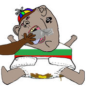 bloodshot_eyes brown_skin bulgaria bulgy diaper duct_tape grey_skin hand piss poop propeller_hat queen_of_spades subvariant:kranos subvariant:pissbaby tape variant:impish_soyak_ears // 1244x1273 // 542.6KB