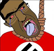 5_o_clock_shadow big_nose brown_skin chudclit cross_eyed flag:nazi_germany front golden_tooth hanging mustache rope subvariant:chudjak_front unibrow variant:chudjak yellow_teeth // 599x566 // 179.9KB