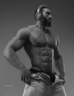 bulge gray_background headphones music nas:gigachad shirtless tattoo