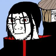 2soyjaks akatsuki akatsuki_uniform anime blue_eyes cloak closed_mouth clothes concerned hair hat hoshigaki_kisame jacket meta:tagme naruto_(series) red_eyes rice_hat sharingan stubble uchiha_itachi variant:a24_slowburn_soyjak variant:soyak // 1024x1024 // 382.8KB