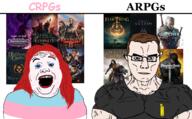 2soyjaks baldurs_gate baldurs_gate_3 baldurs_gate_throne_of_baal clothes divinity_ii:original_sin dungeons_and_dragons elden_ring fasces flag flag:transgender_pride_flag glasses hair mount_and_blade pathfinder pathfinder_wrath_of_the_righteous red_hair soyjak subvariant:chudjak_front subvariant:muscular_chud text the_elder_scrolls the_elder_scrolls_v:_skyrim the_witcher tranny tshirt variant:alicia variant:chudjak video_game witcher // 1412x876 // 983.4KB